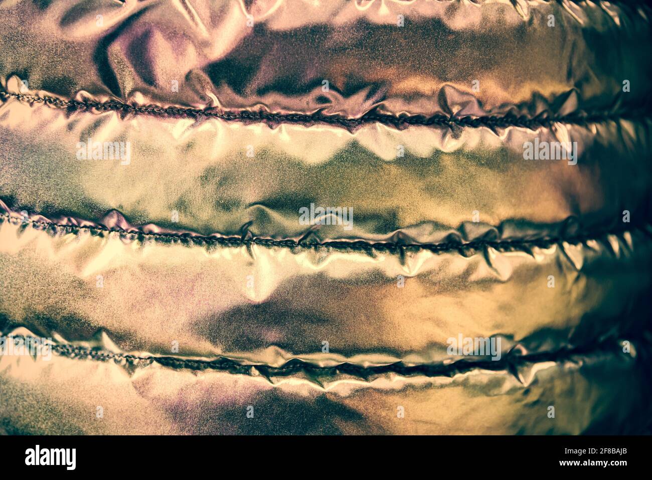 Tessuto iridescente d'oro del tessuto bolognese della giacca giovanile trapuntata. Sfondo di stile alla moda. Foto Stock