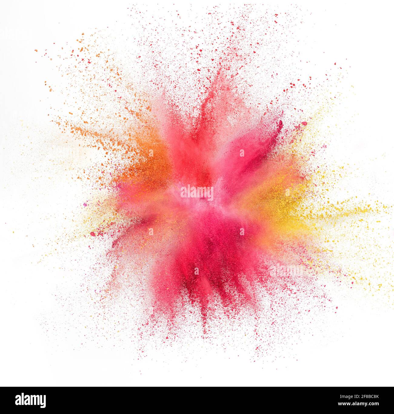 Esplosione di polvere colorata, fluida e neonata su sfondo bianco studio con copyspace Foto Stock