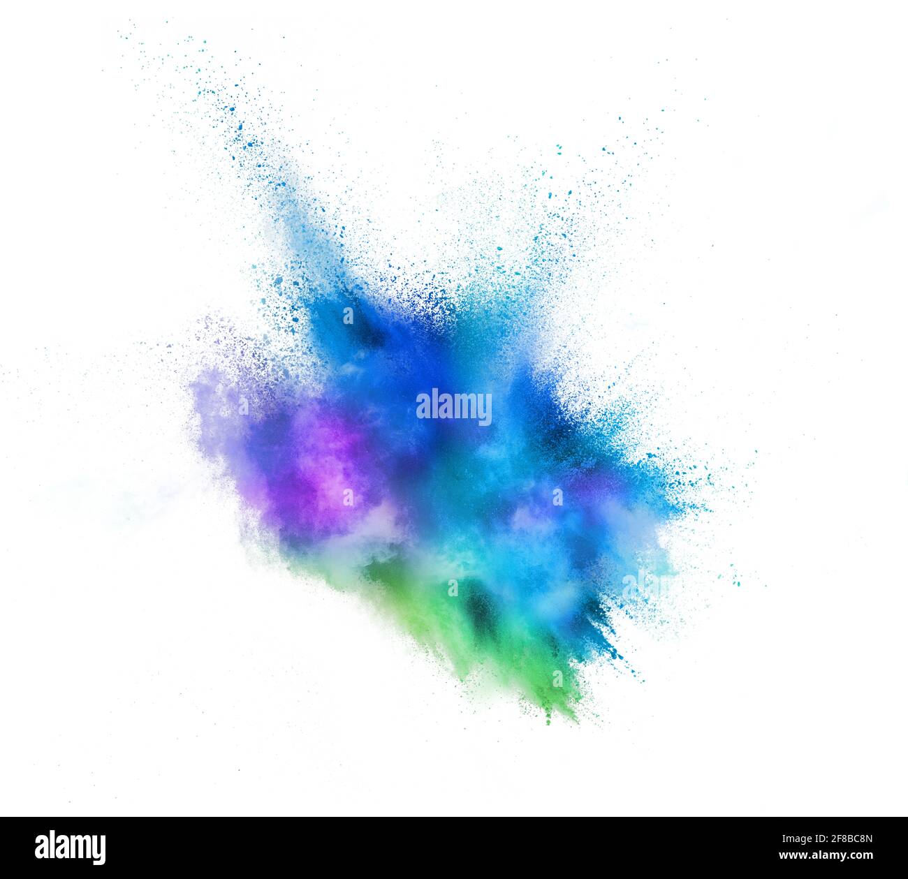 Esplosione di polvere colorata, fluida e neonata su sfondo bianco studio con copyspace Foto Stock