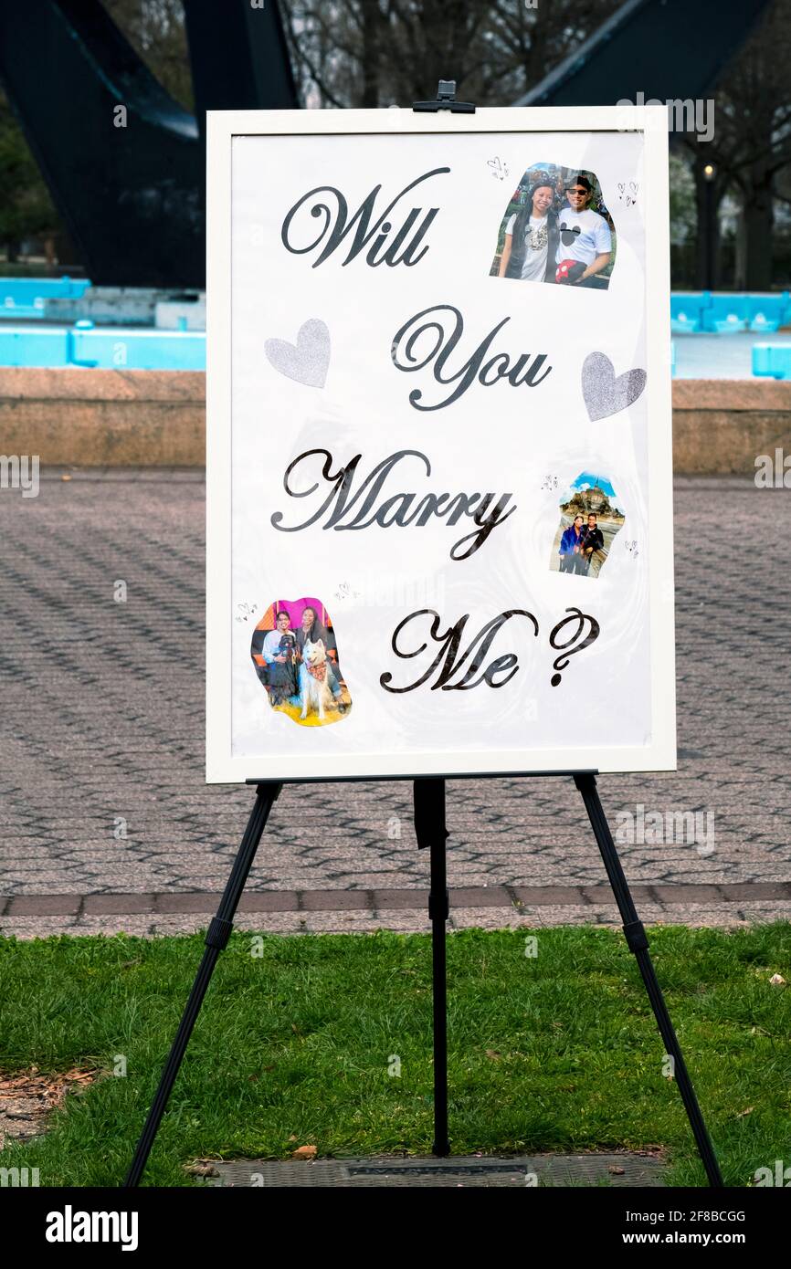 Amici e sposi preparano una proposta a sorpresa in un parco a Queens, New York City. Foto Stock