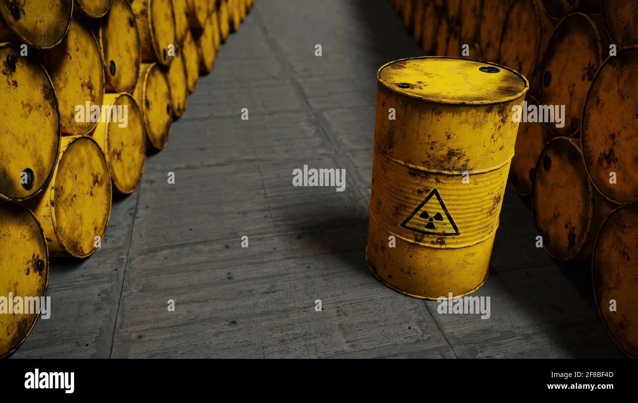 residui radioattivi in barili, deposito di scorie nucleari Foto Stock