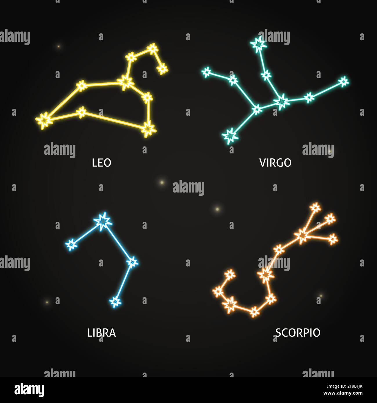 Collezione di simboli di costellazione neon zodiaco su sfondo scuro. Collegati segni astrologici di stelle lucenti. Leo, Virgo, Libra e Scorpione. Illustratore vettore Illustrazione Vettoriale