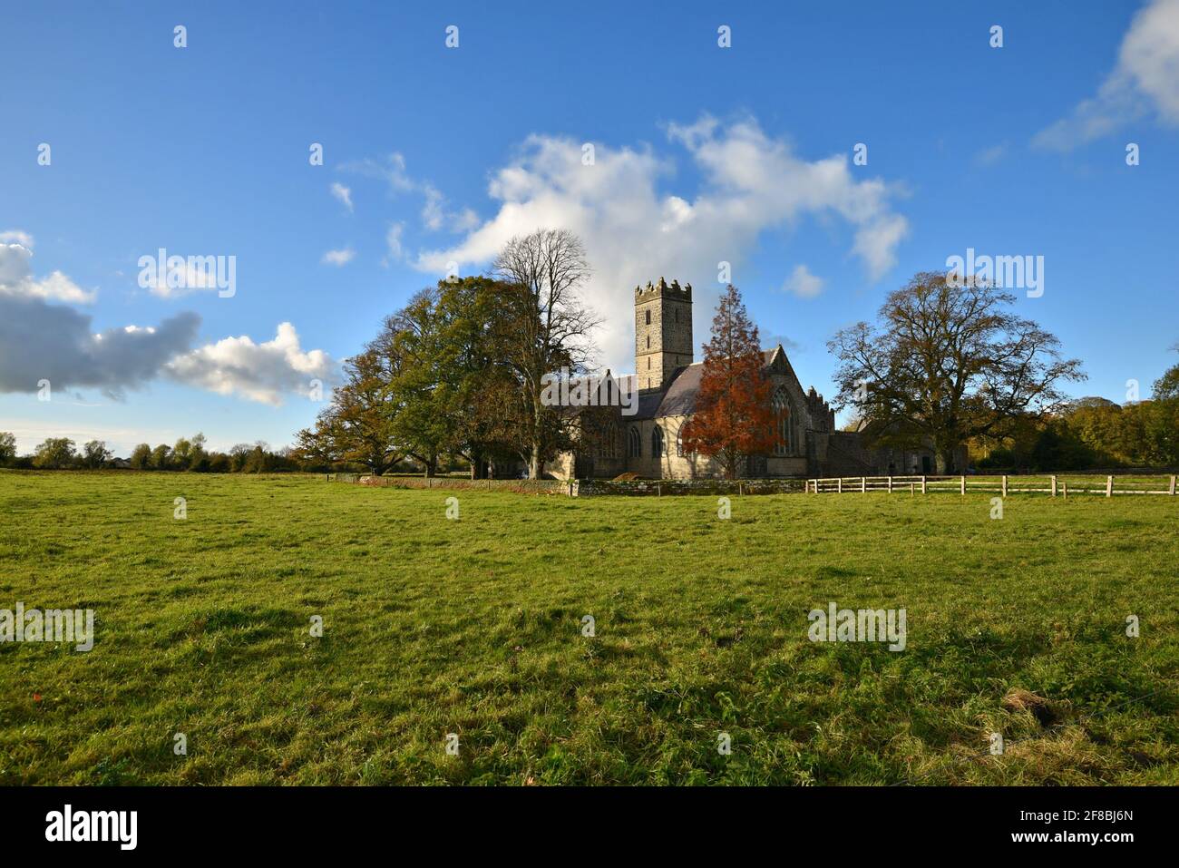 Paesaggio autunnale con vista panoramica del convento agostiniano medievale (Abbazia Nera) ad Adare, Limerick Irlanda. Foto Stock