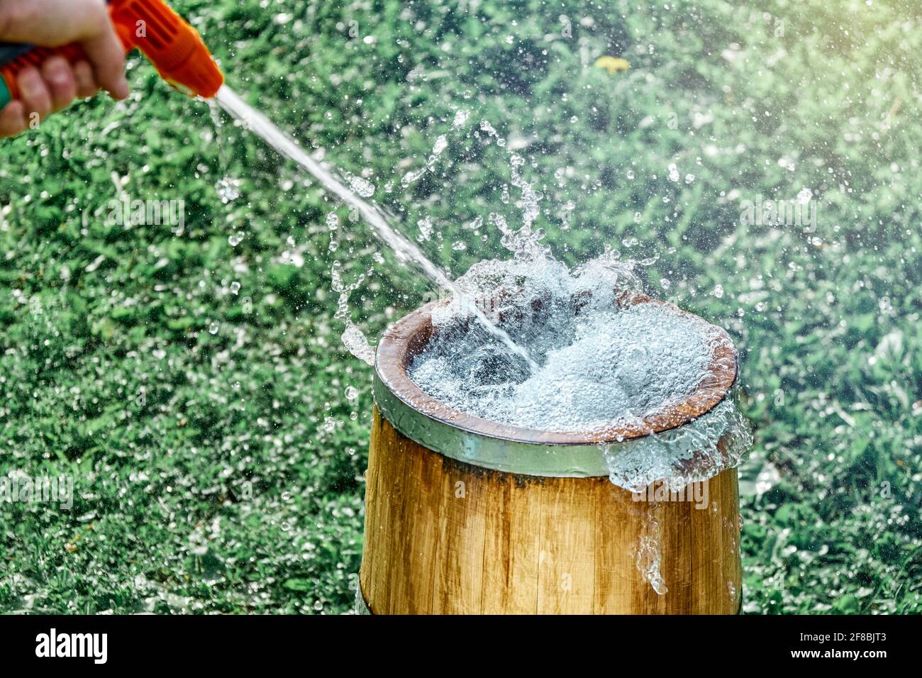 L'uomo pulisce o riempie la vasca di legno di quercia vintage con trasparente acqua dal tubo flessibile su erba verde lussureggiante su soleggiato vista ravvicinata del giorno estivo Foto Stock