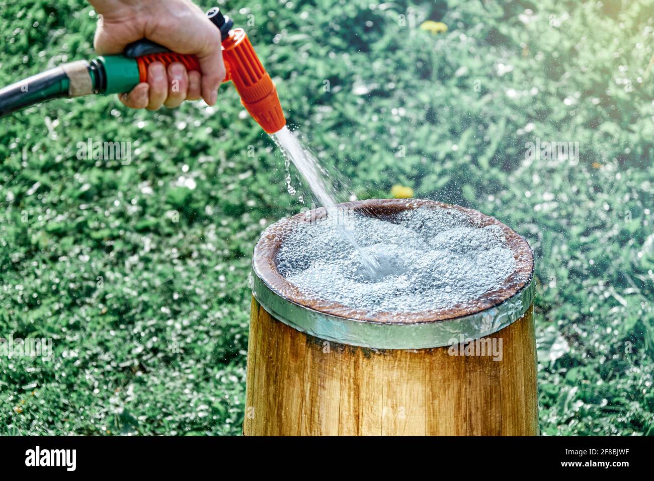 L'uomo pulisce o riempie la vasca di legno di quercia vintage con trasparente acqua dal tubo flessibile su erba verde lussureggiante su soleggiato vista ravvicinata del giorno estivo Foto Stock