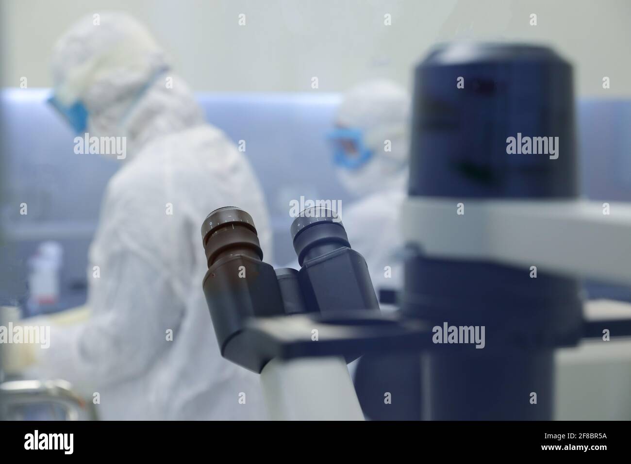Gli scienziati di laboratorio indossano indumenti protettivi e svolgono ricerche mediche in un laboratorio scientifico. Foto Stock