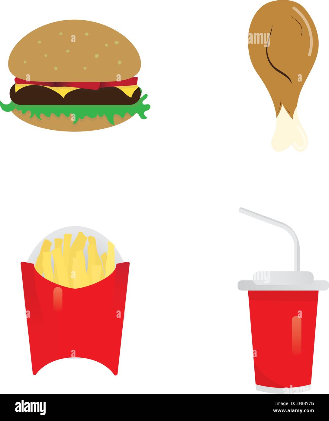 Set di quattro tipi di fast-food - pollo, hamburger (cheeseburger), soda e  patatine fritte (patate fritte Immagine e Vettoriale - Alamy