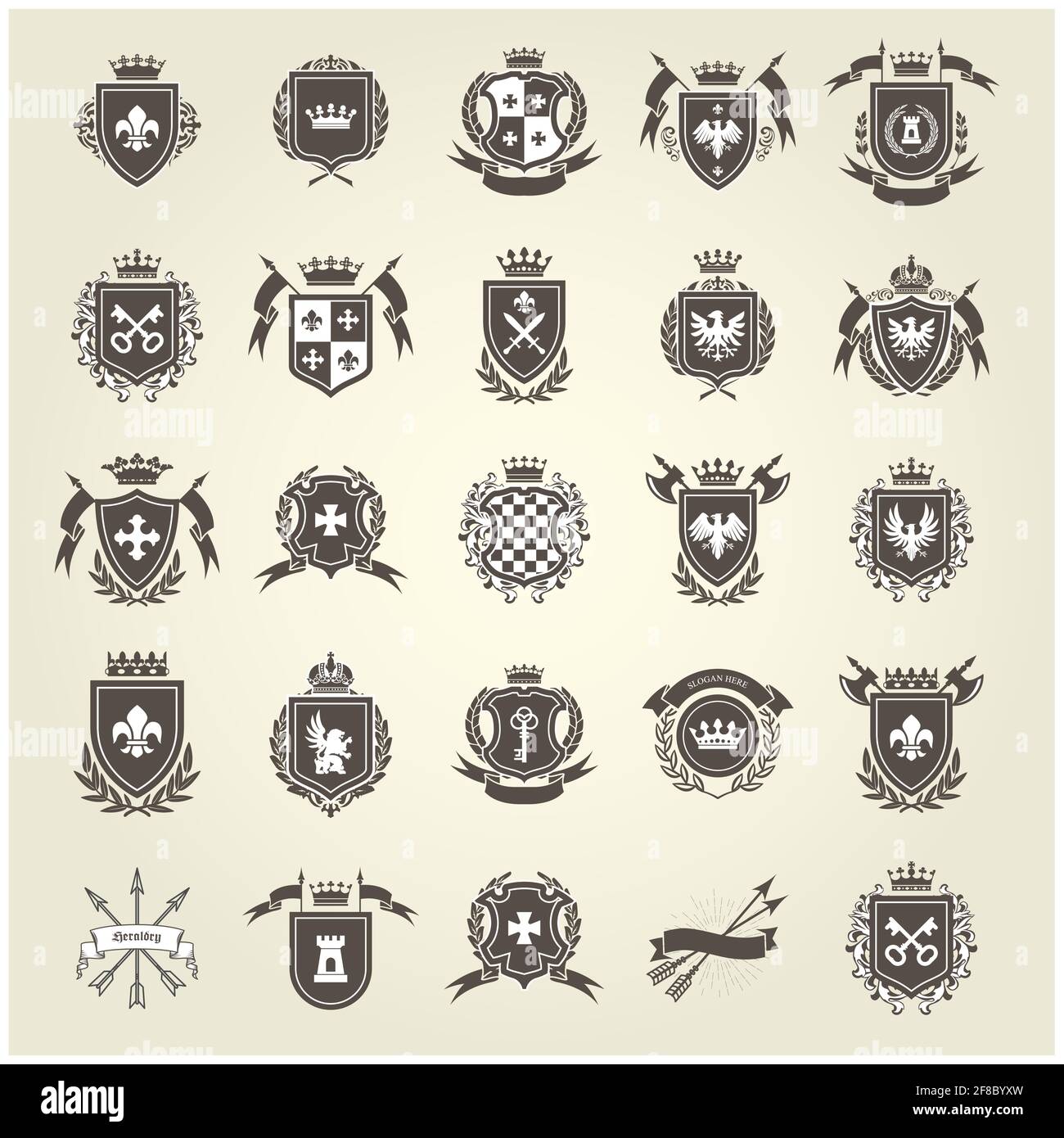 Stemma reale medievale, emblemi cavalieri, stemma araldico e set di blazoni, vettore Illustrazione Vettoriale