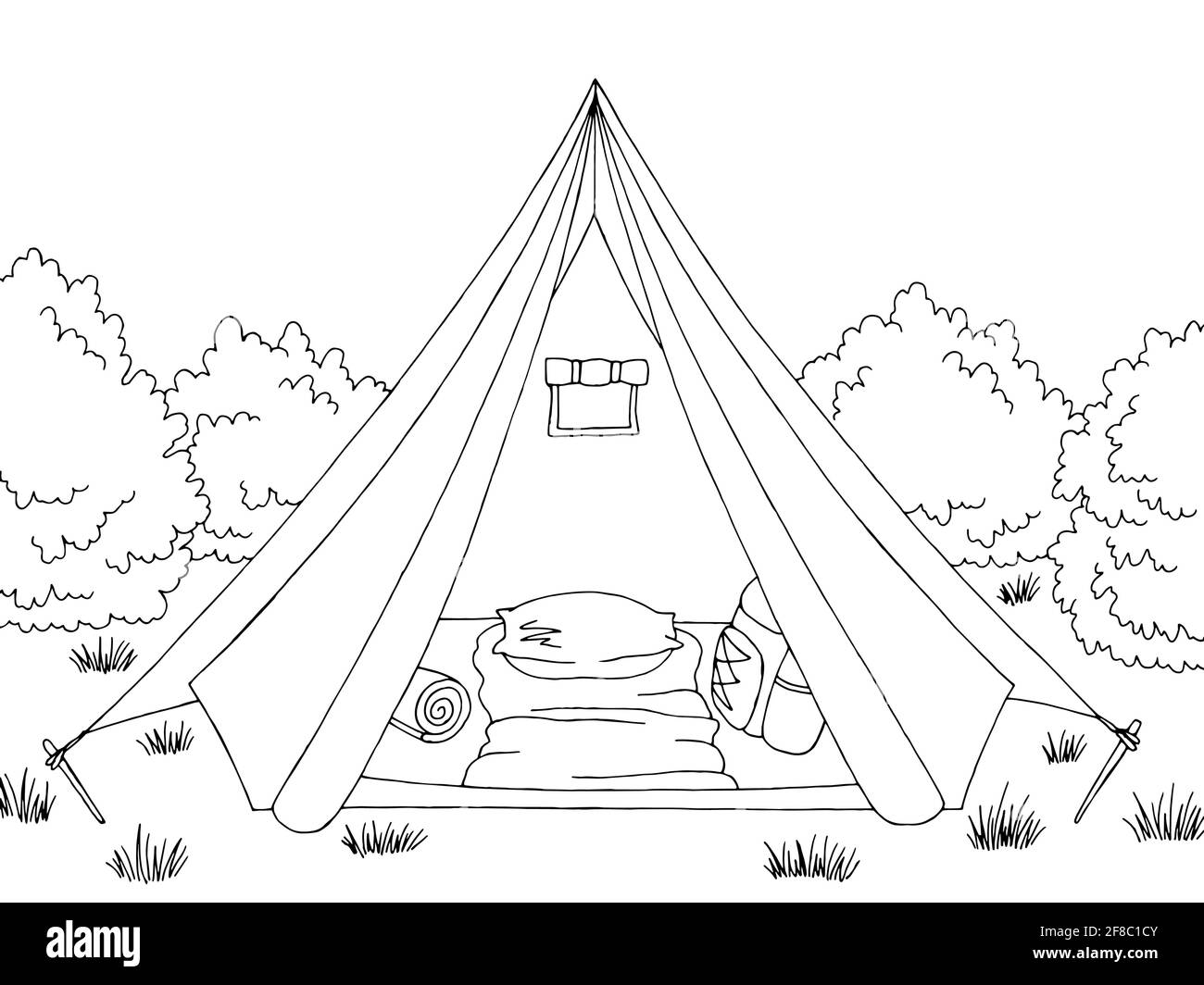 Tenda da campeggio aperta all'interno grafico bianco nero paesaggio disegno vettore Illustrazione Vettoriale