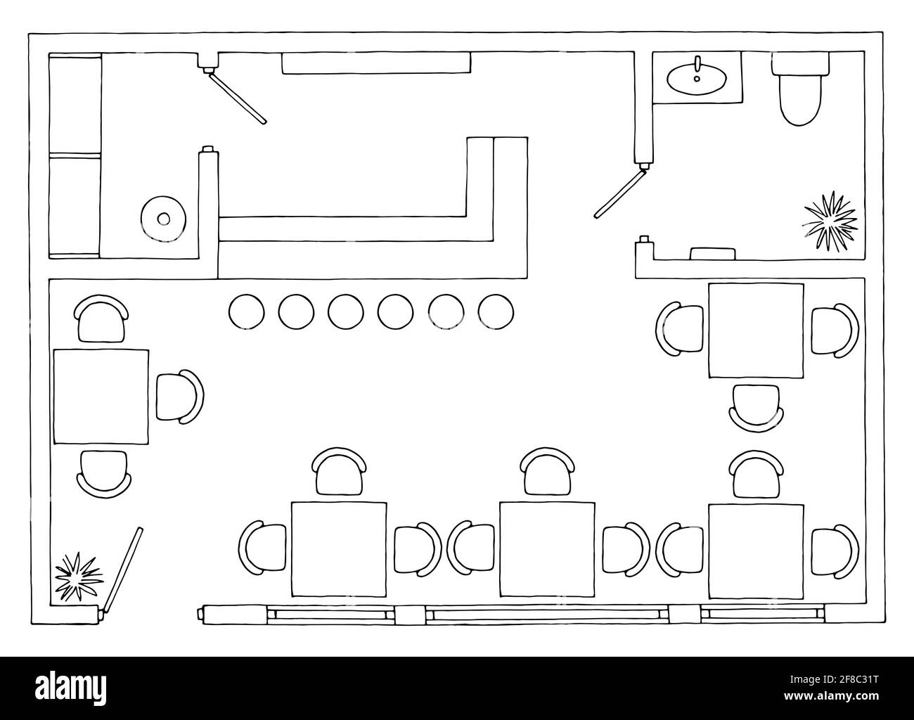 Piano caffè architettura pavimento arredamento interno grafico bianco nero schizzo vettore di illustrazione Illustrazione Vettoriale