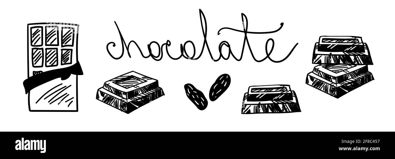 Illustrazione vettoriale del cioccolato. Barretta di cioccolato aperta, spicchi di cioccolato, pezzi di cioccolato, chicchi di cacao e scritte isolate su sfondo bianco. Illustrazione Vettoriale