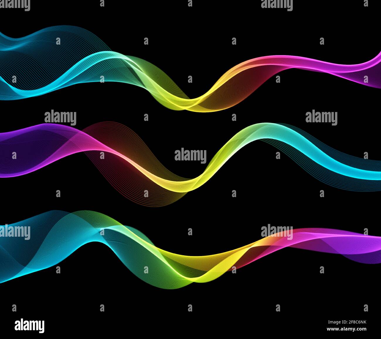 Vettore astratto linee colorate fluenti isolate su sfondo nero. Elemento di design per la tecnologia, la scienza, la musica o il concetto moderno. Illustrazione Vettoriale