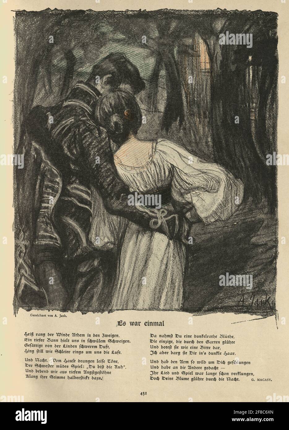 Giovane coppia innamorata, einmal di guerra es, c'era una volta. Disegno in stile Jugendstil di una giovane donna. Jugendstil ('stile giovanile') fu un movimento artistico, particolarmente nelle arti decorative, che fu influente soprattutto in Germania. Era la controparte tedesca dell'Art Nouveau. Foto Stock