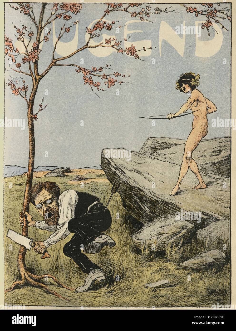 Copertina della rivista Jugend, 1896, Jugendstil art, giovane donna che spara un uomo con un arco Foto Stock