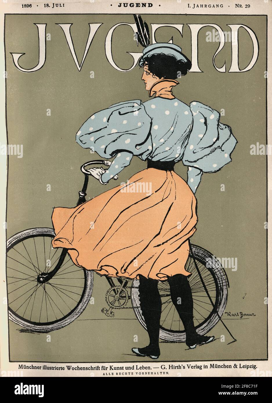 Copertina della rivista d'arte Jugend, ciclista giovane donna con bicicletta vittoriana Art Nouveau Jugendstil Foto Stock