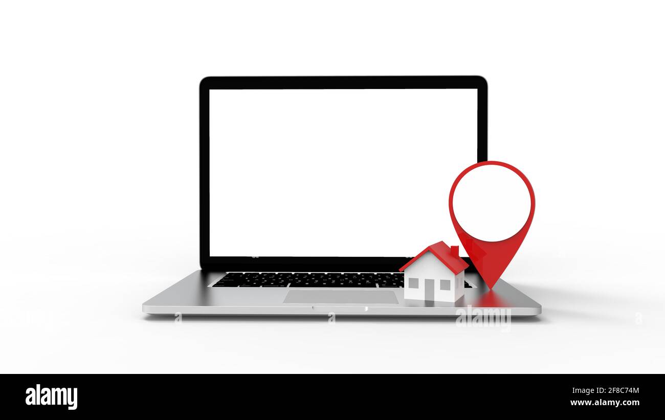 Posizione icona e casa messo su un computer portatile moderno isolato su sfondo bianco. Illustrazione 3D. Foto Stock