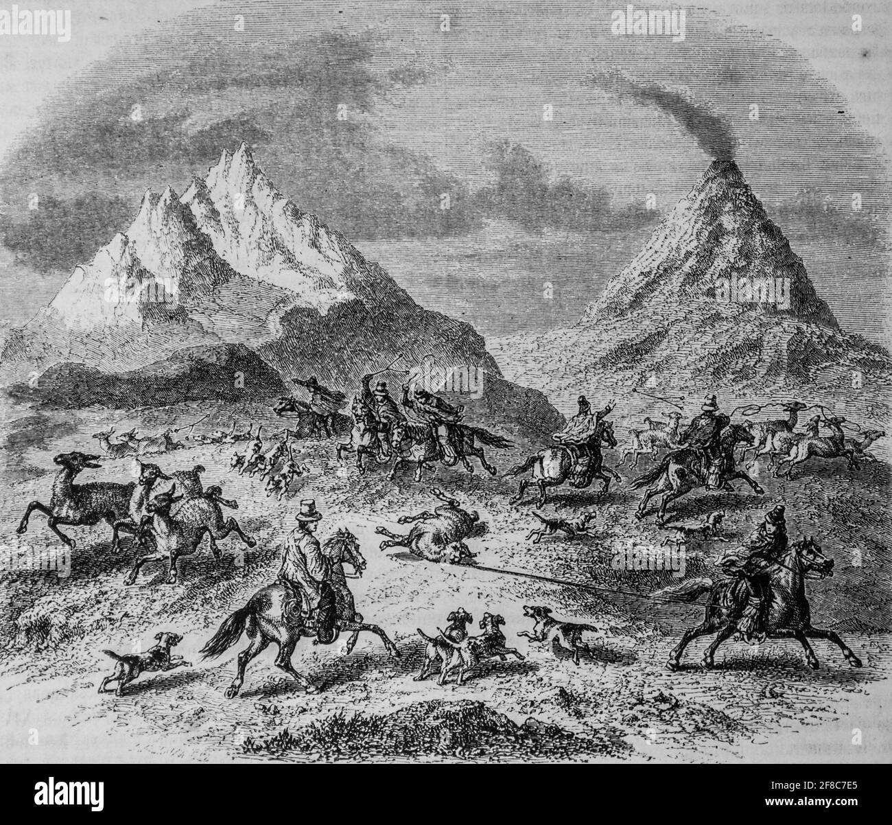 la chasse aux guanacos dans le voisinage du volcan d'antuco, le magazin pittoresque par m. edouard charton 1870 Foto Stock