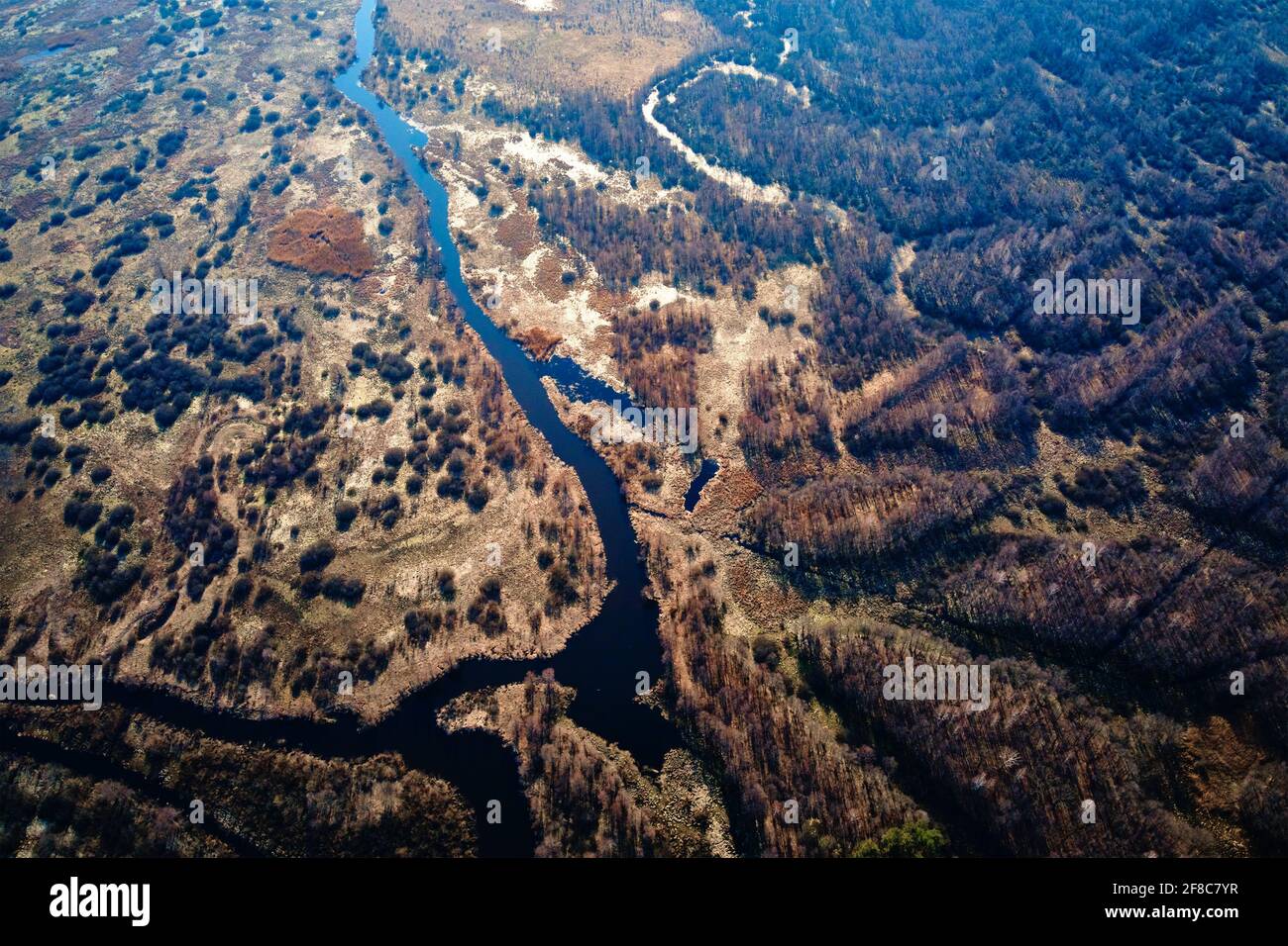 Vista aerea del drone del fiume in valle. Paesaggio naturale Foto Stock