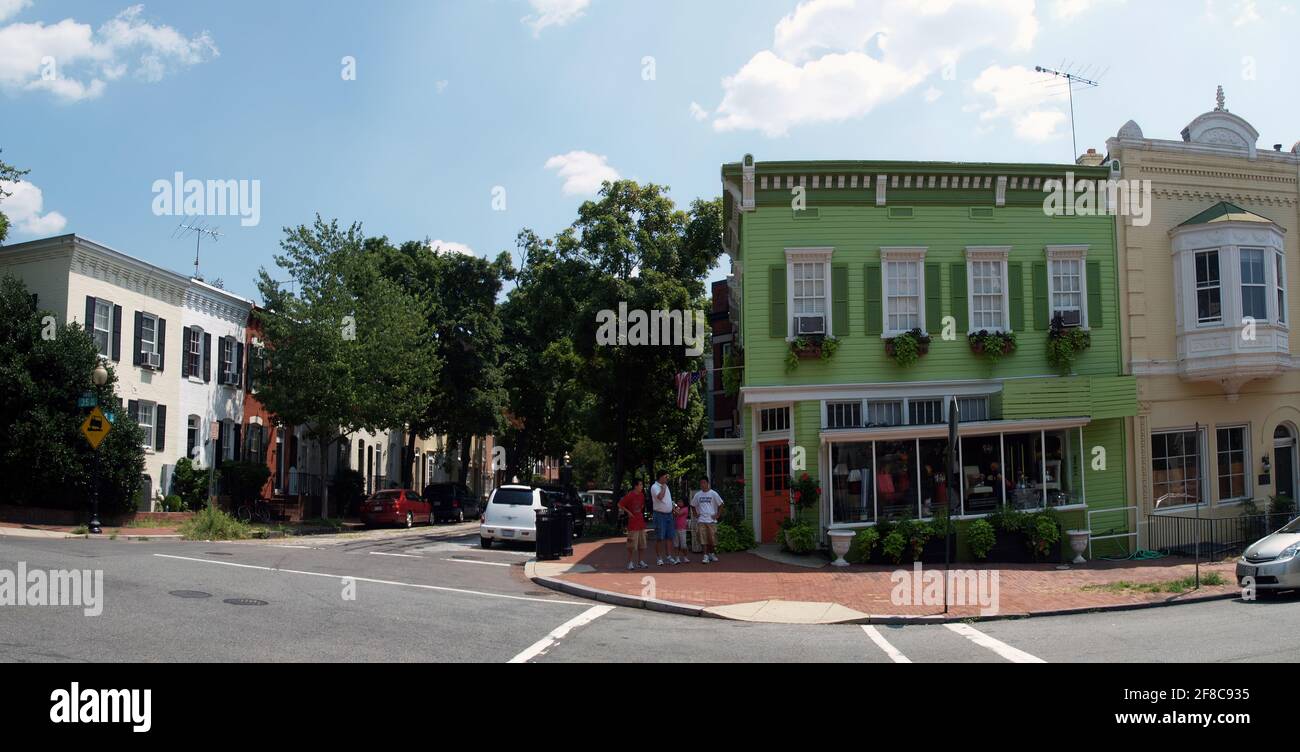 Una scena del quartiere di Georgetown 35th e o Street nel quartiere storico di Washington DC. Foto Stock