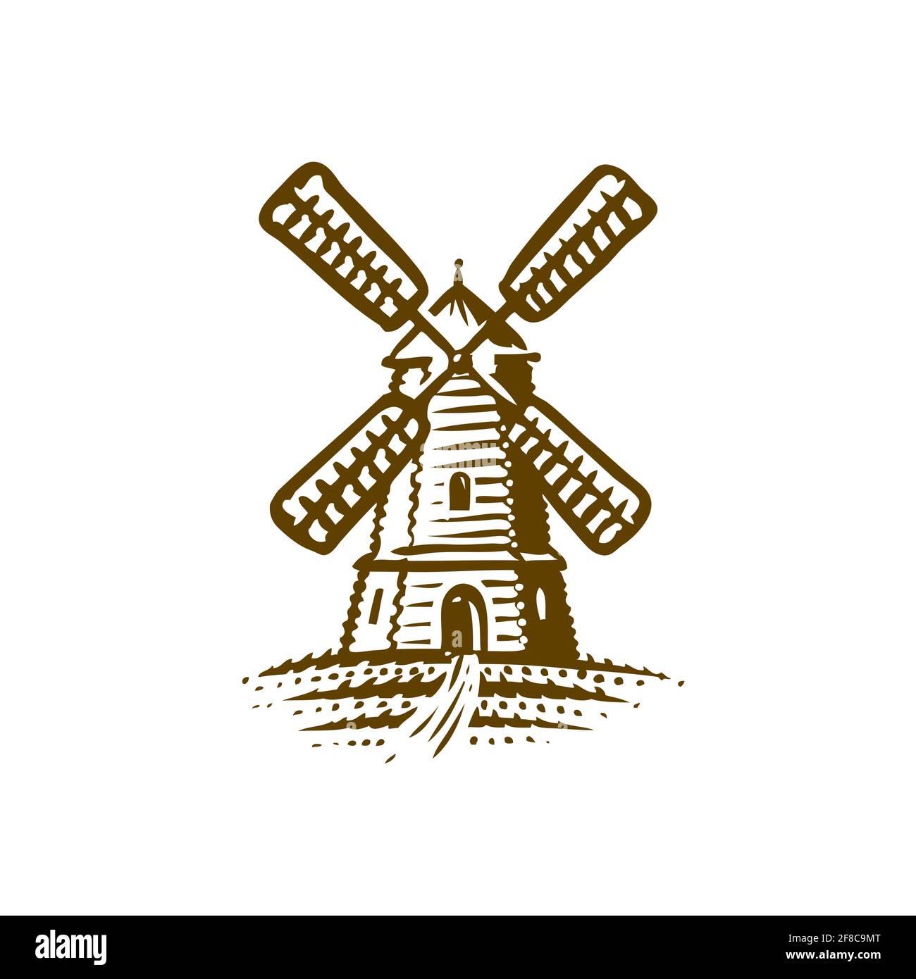 Logo Windmill. Emblema o simbolo di panetteria su sfondo bianco Illustrazione Vettoriale
