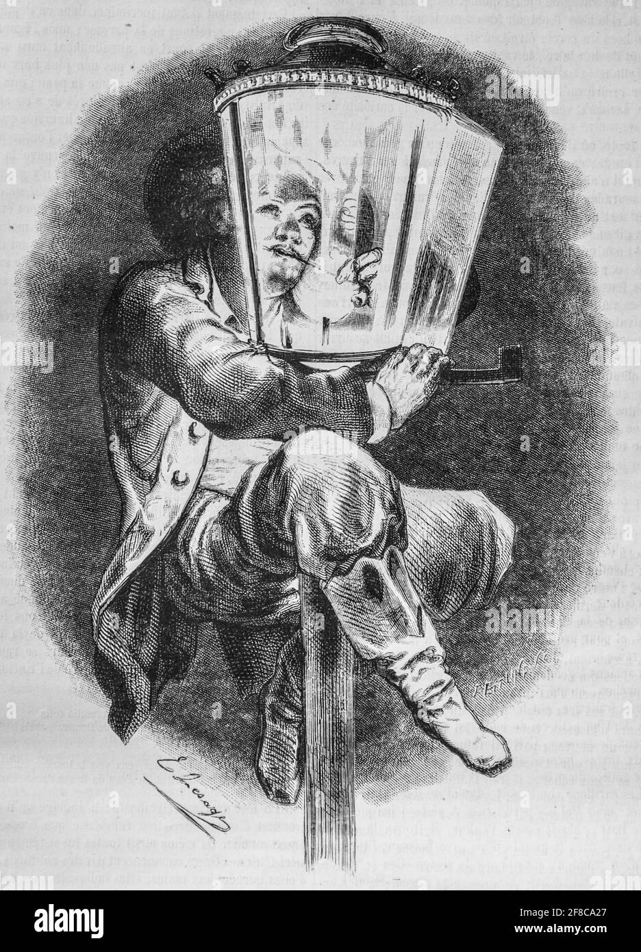 enfant juche a l'extremite d'un poteau d'eclairage, le magazin pittoresque par m. edouard charton 1870 Foto Stock