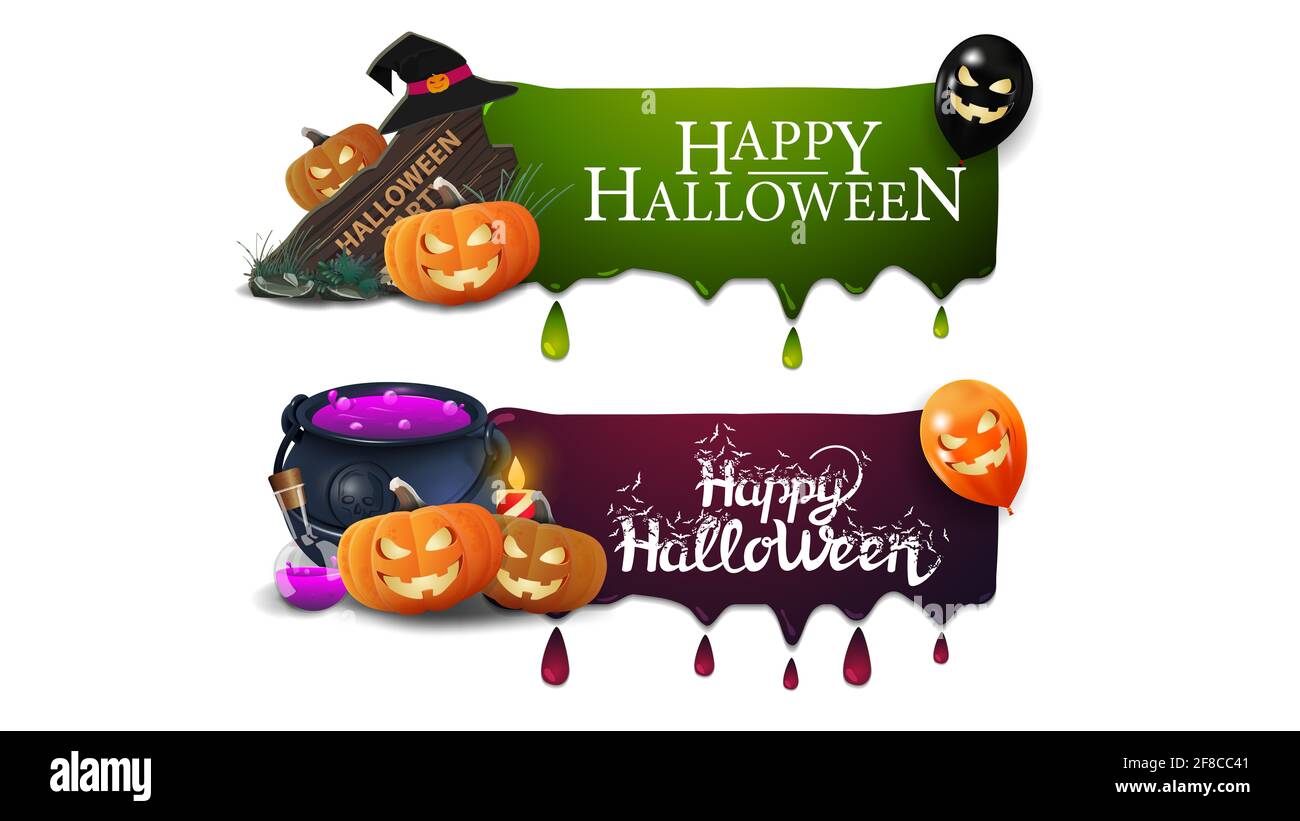 Vendita di Halloween, due striscioni con gocce, segno di legno, cappello di strega, cavoldone di strega e Jack di zucca Foto Stock