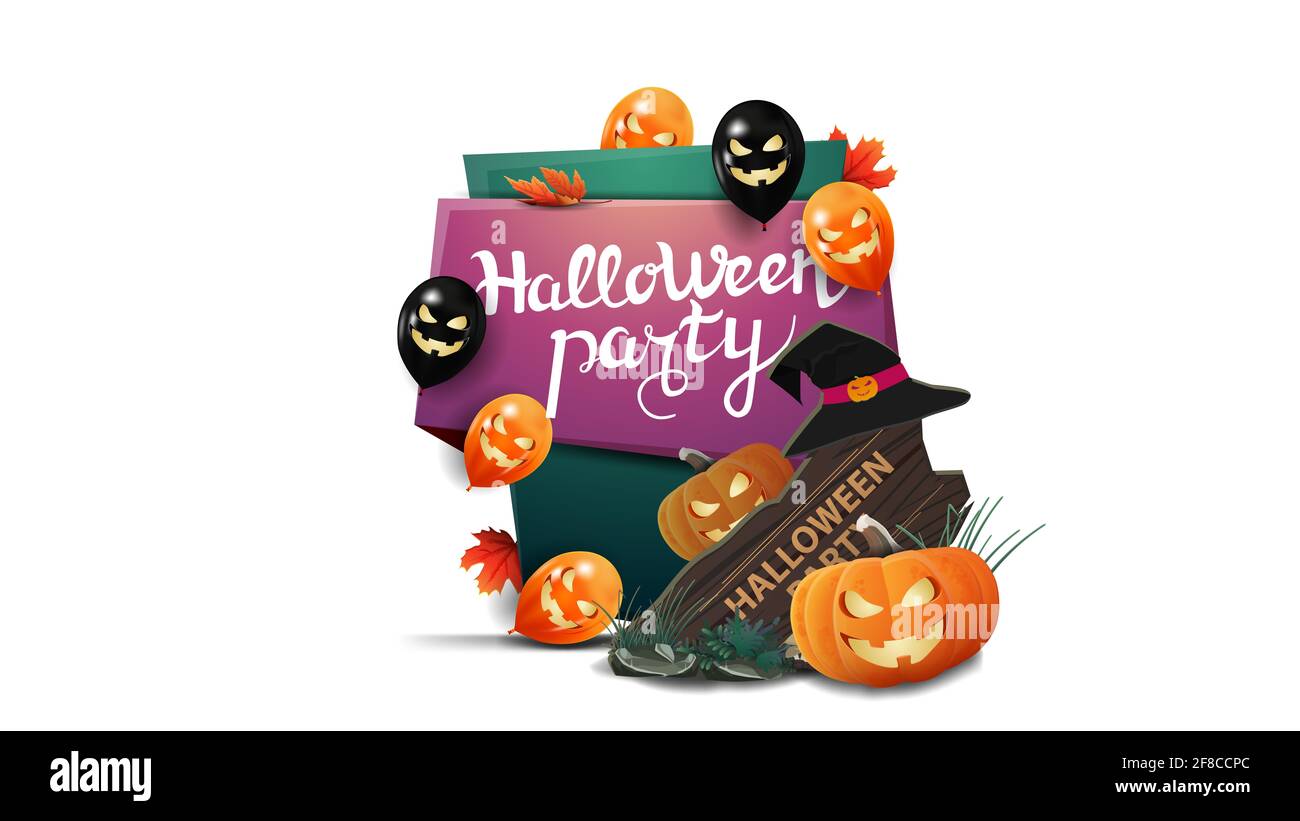 Festa di Halloween, carta verticale di invito in stile cartone animato con palloncini di Halloween, segno di legno, cappello di strega e Jack zucca Foto Stock