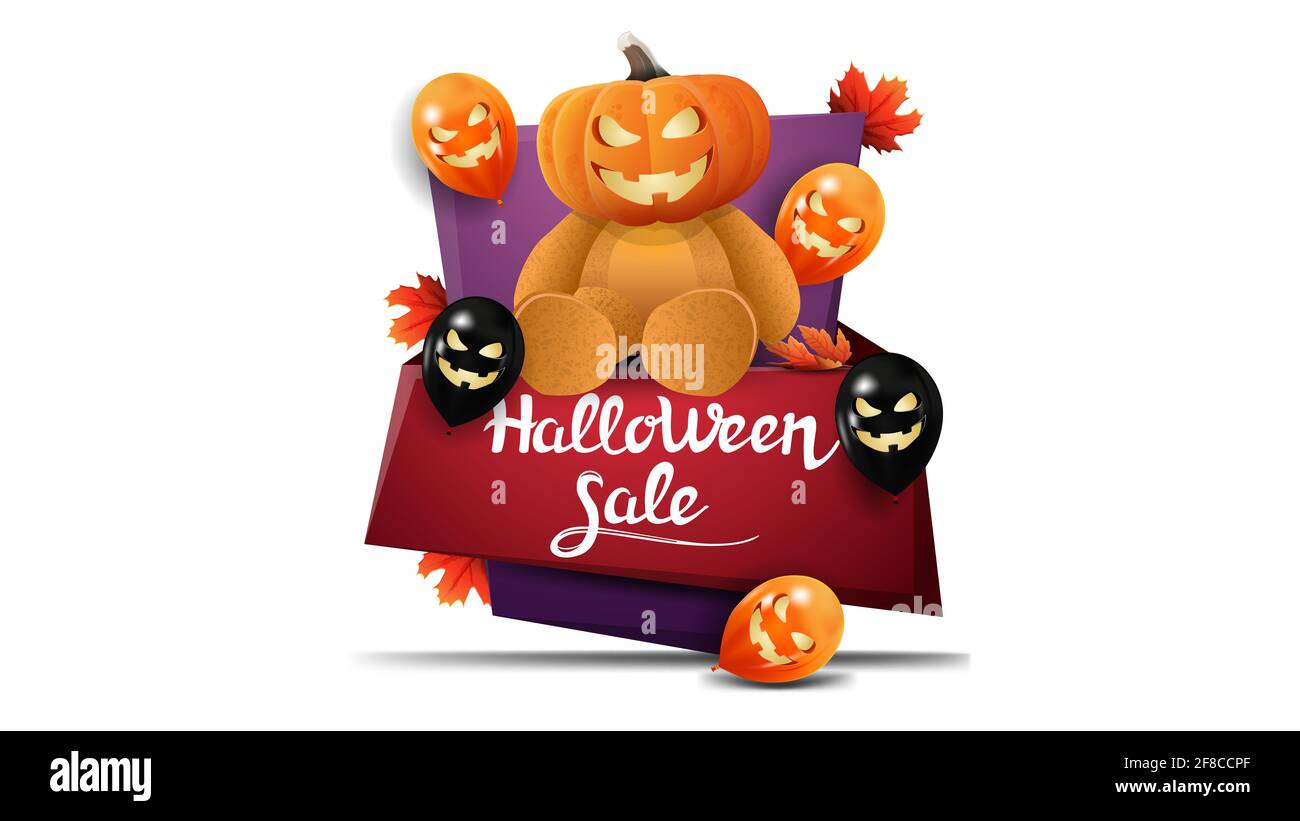 Vendita di Halloween, banner sconto verticale in stile cartoon con palloncini di Halloween e orsacchiotto con testa di zucca Jack Foto Stock