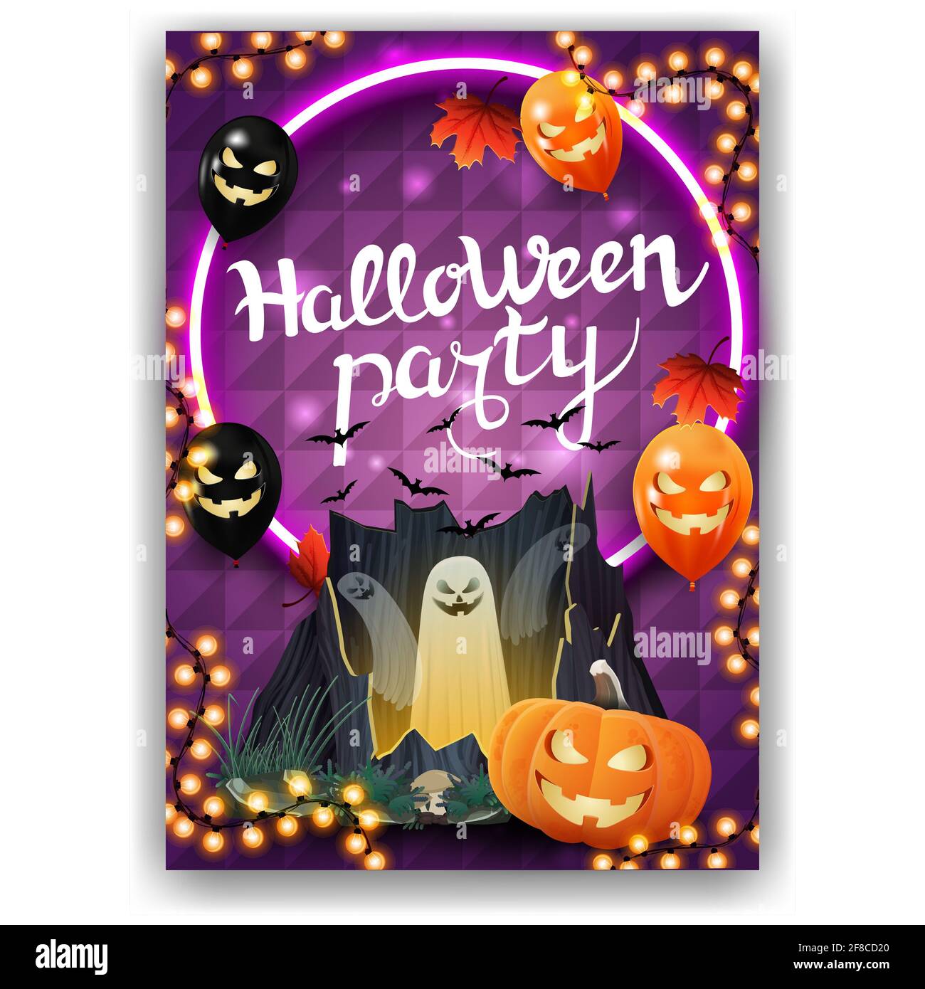 Festa di Halloween, poster di invito verticale con design brillante, balloni di Halloween, foglie d'autunno, portale con fantasmi e Jack zucca Foto Stock