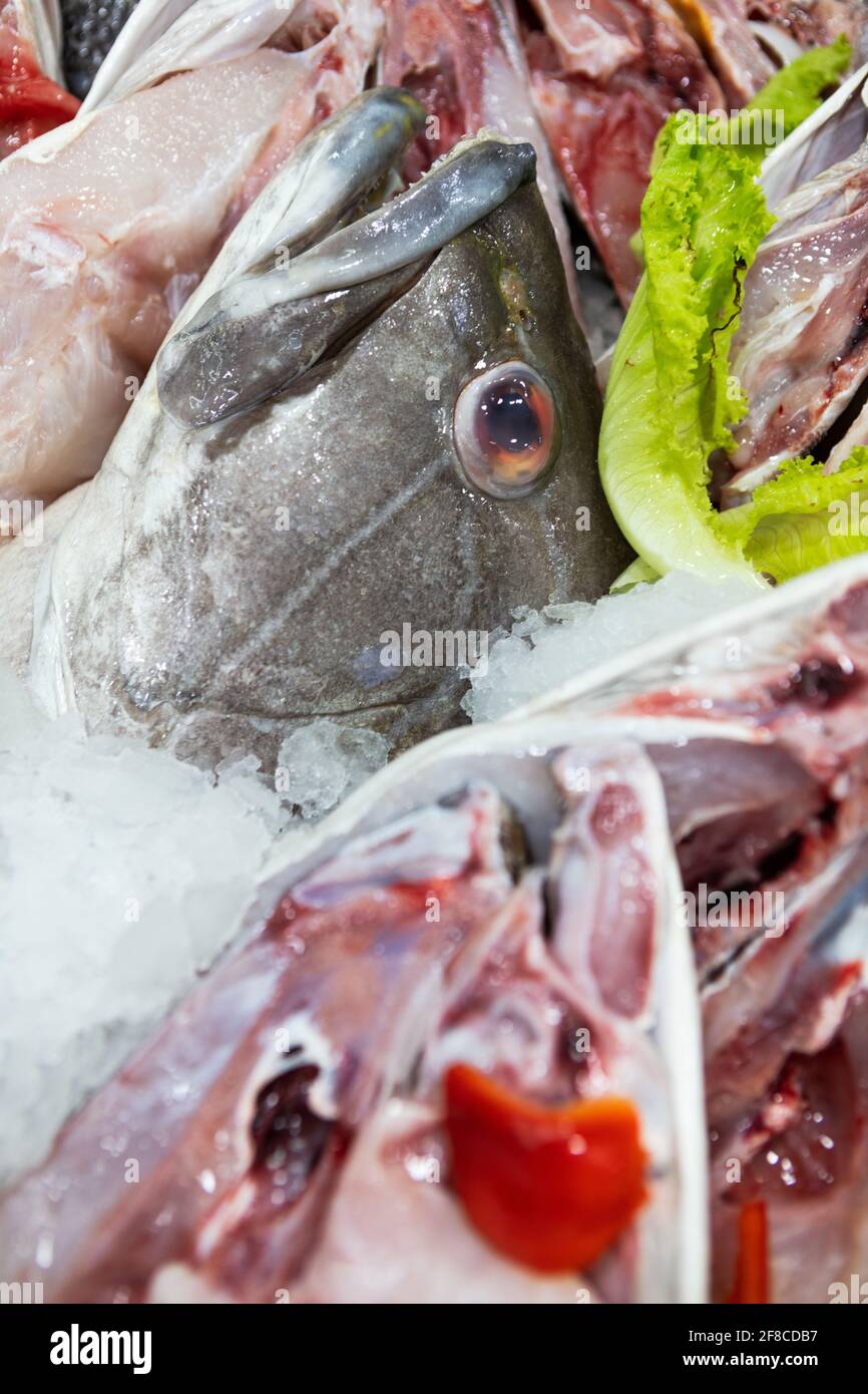 Ripiano fishmonger in supermercato con pesce fresco. Foto Stock