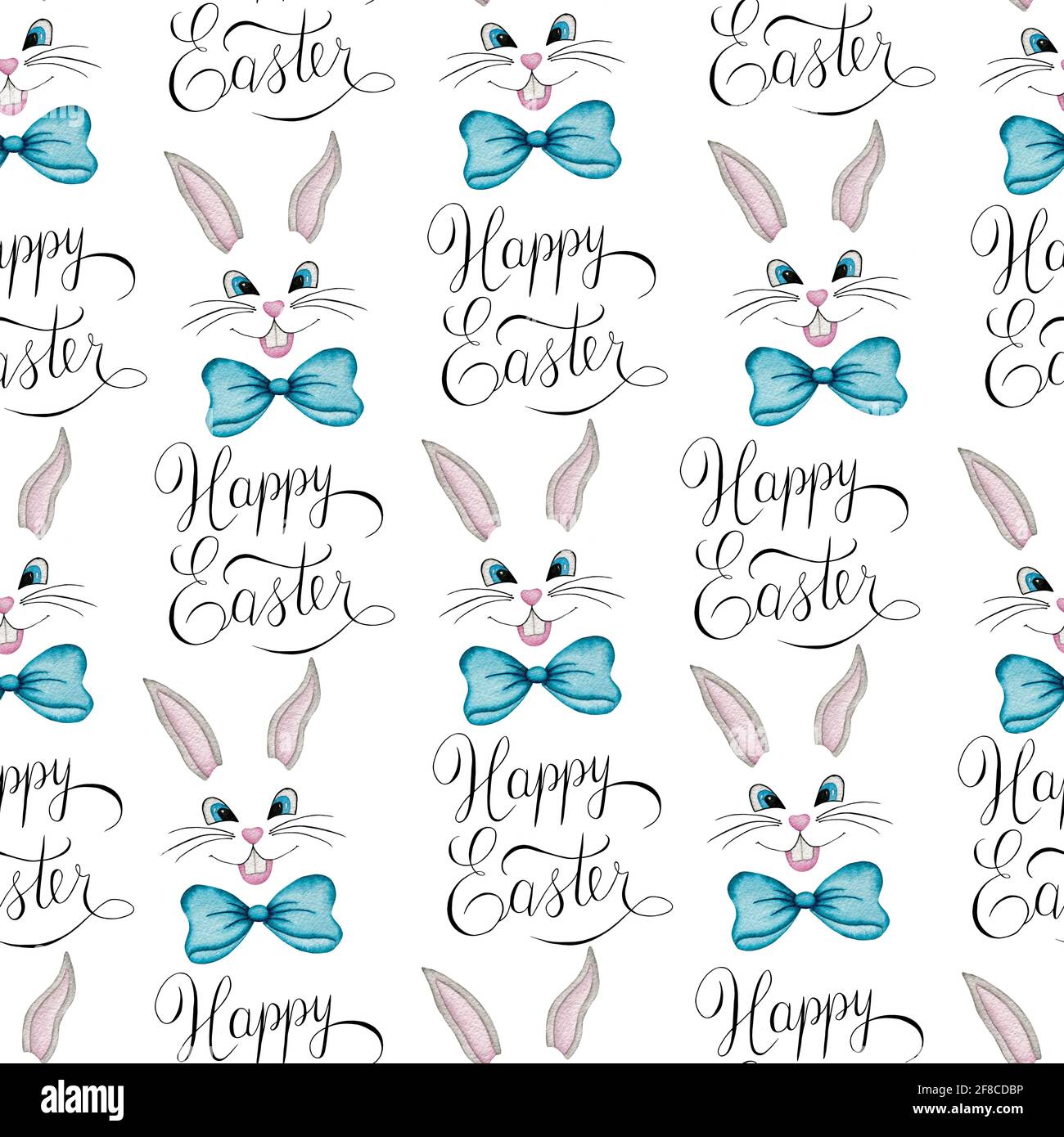 Modello di ripetizione di Pasqua con carino cartoon coniglietto volti e lettere a mano felice Pasqua testo, acquerello illustrazione di Pasqua per tessuto, avvolgimento Foto Stock