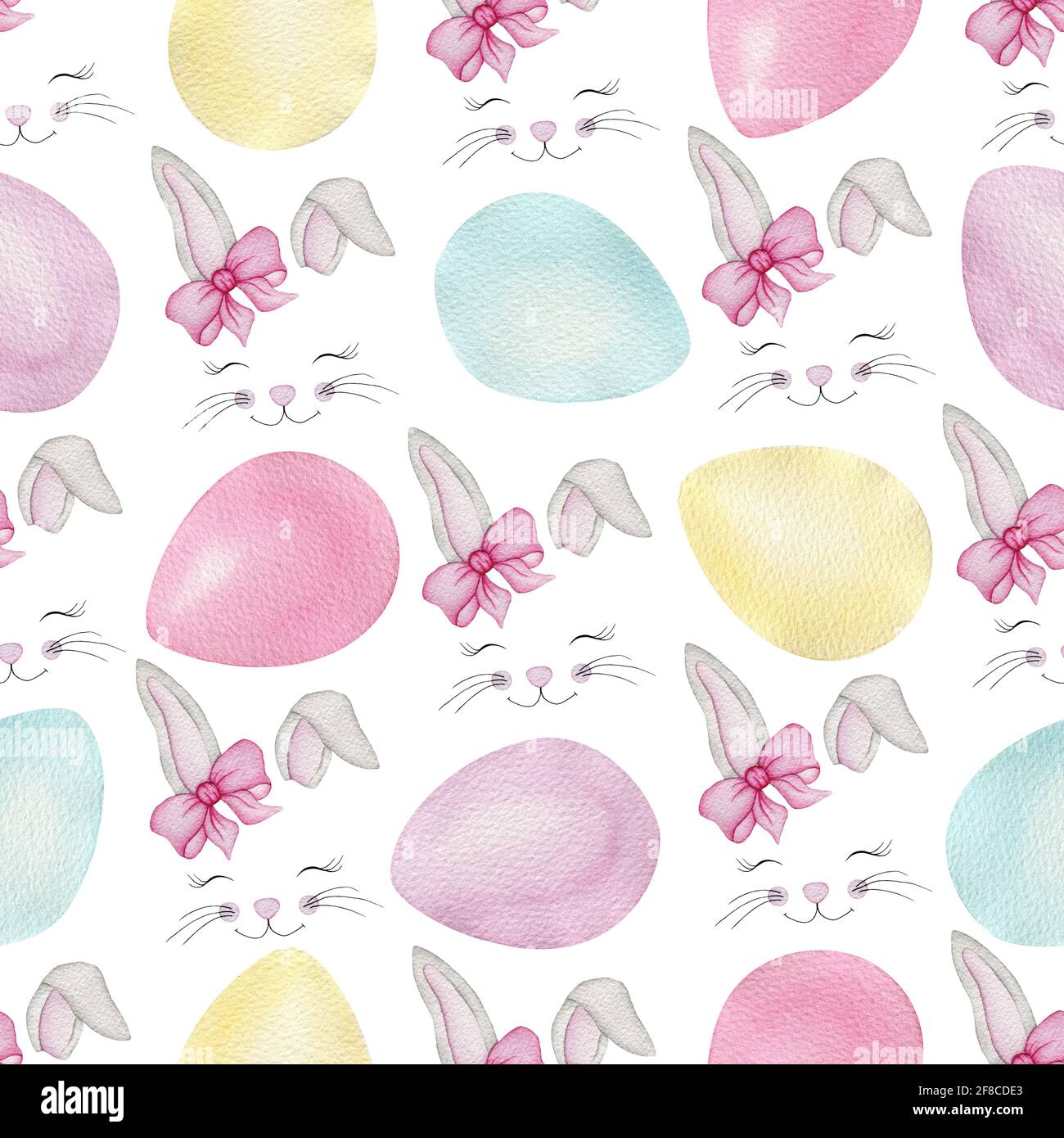 Motivo senza giunture acquerello con carino cartone animato coniglietti di Pasqua volti e multicolore uova di Pasqua, acquerello Easter illustrazione per tessuto, avvolgimento Foto Stock