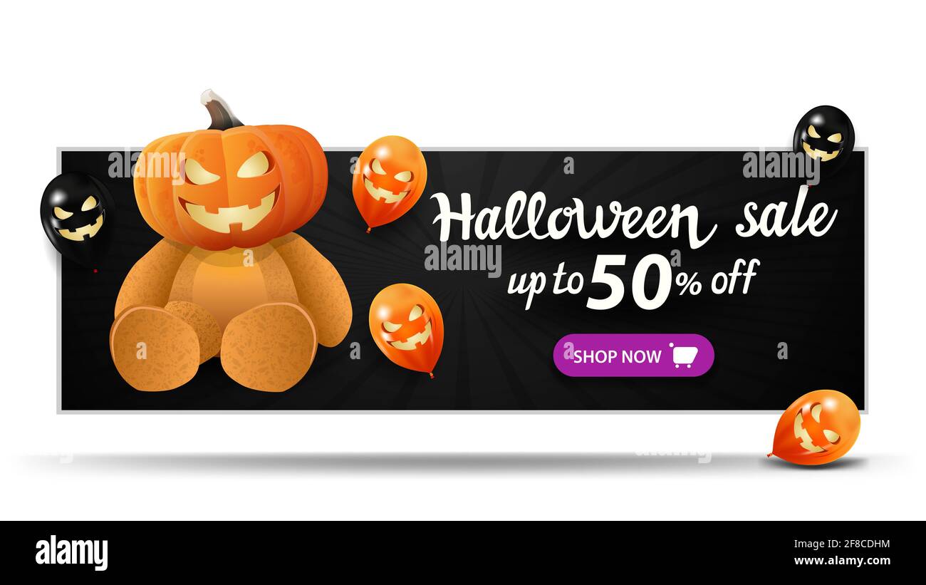 Vendita di Halloween, fino a 50 fuori, banner di sconto nero orizzontale con palloncini di Halloween e orso di Teddy con testa di zucca Jack Foto Stock