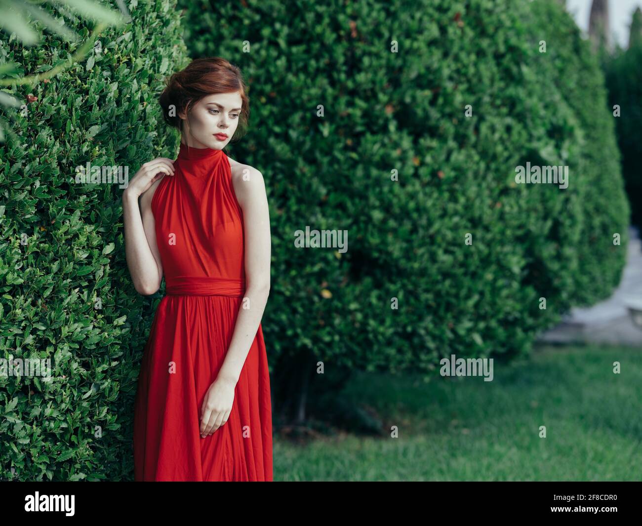 Bella donna rosso vestito verde cespuglio esterno camminare principessa di  lusso Foto stock - Alamy