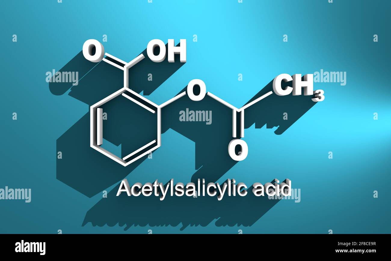 Formula chimica strutturale dell'acido acetilsalicilico. Rendering 3D della molecola di aspirina. Foto Stock