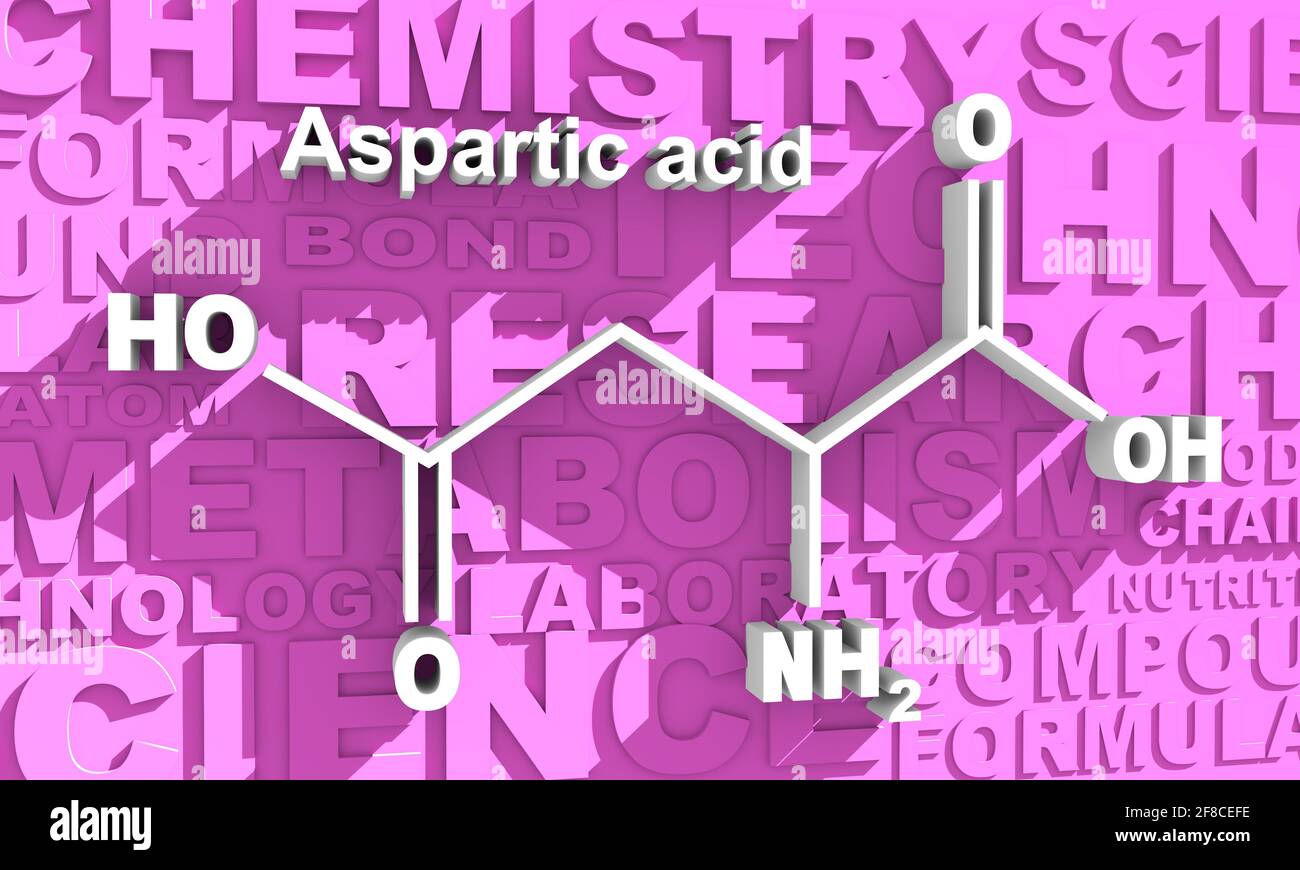 Amminoacido. Formula strutturale dell'acido aspartico. Illustrazione infografica. Rendering 3D. Foto Stock