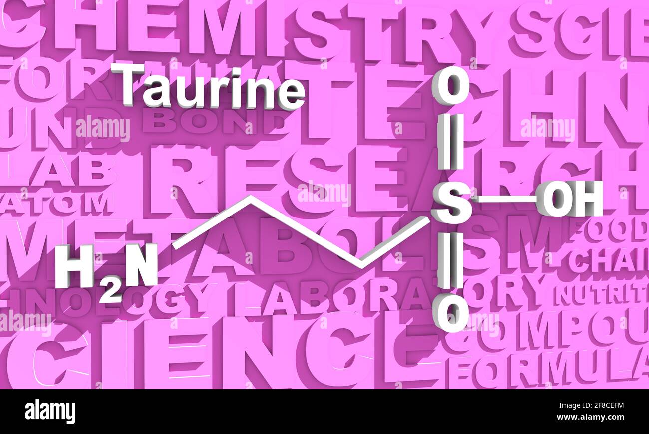 Formula scheletrica della taurina. Molecola aminoacidica 3D rendering. Illustrazione infografica Foto Stock