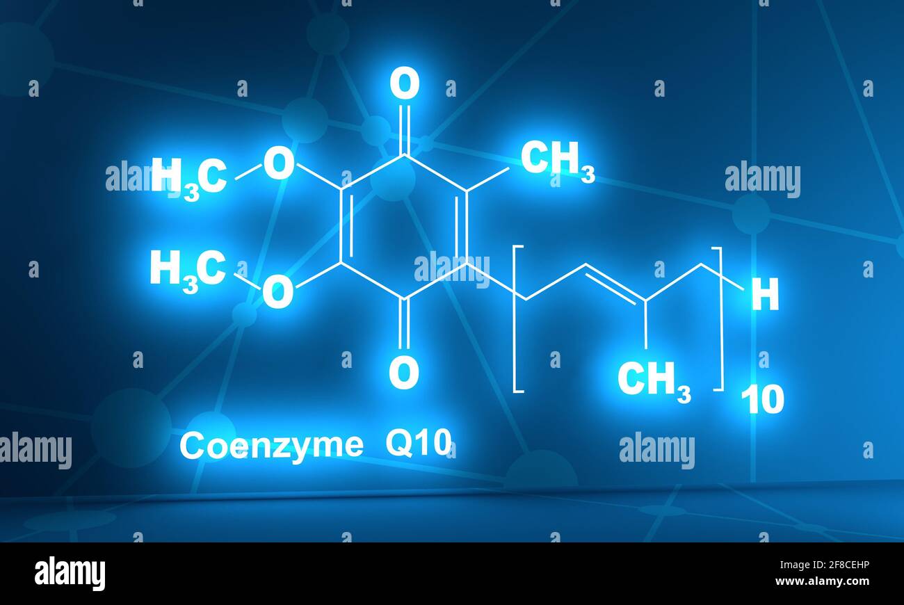 Molecola di coenzima Q10, struttura chimica. Produzione di energia cellulare. Rendering 3D. Lucentezza al neon Foto Stock