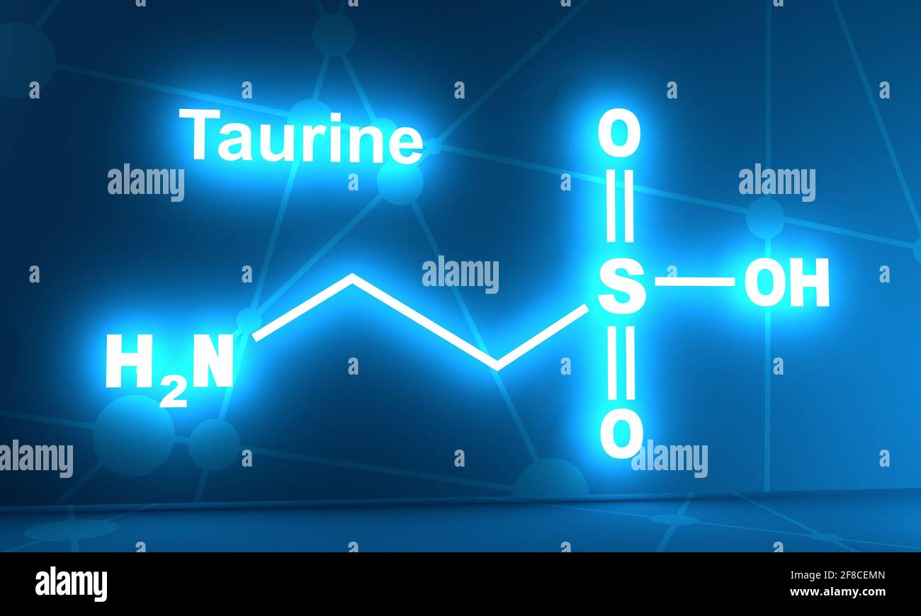 Formula scheletrica della taurina. Molecola aminoacidica 3D rendering. Illustrazione infografica. Lucentezza al neon Foto Stock