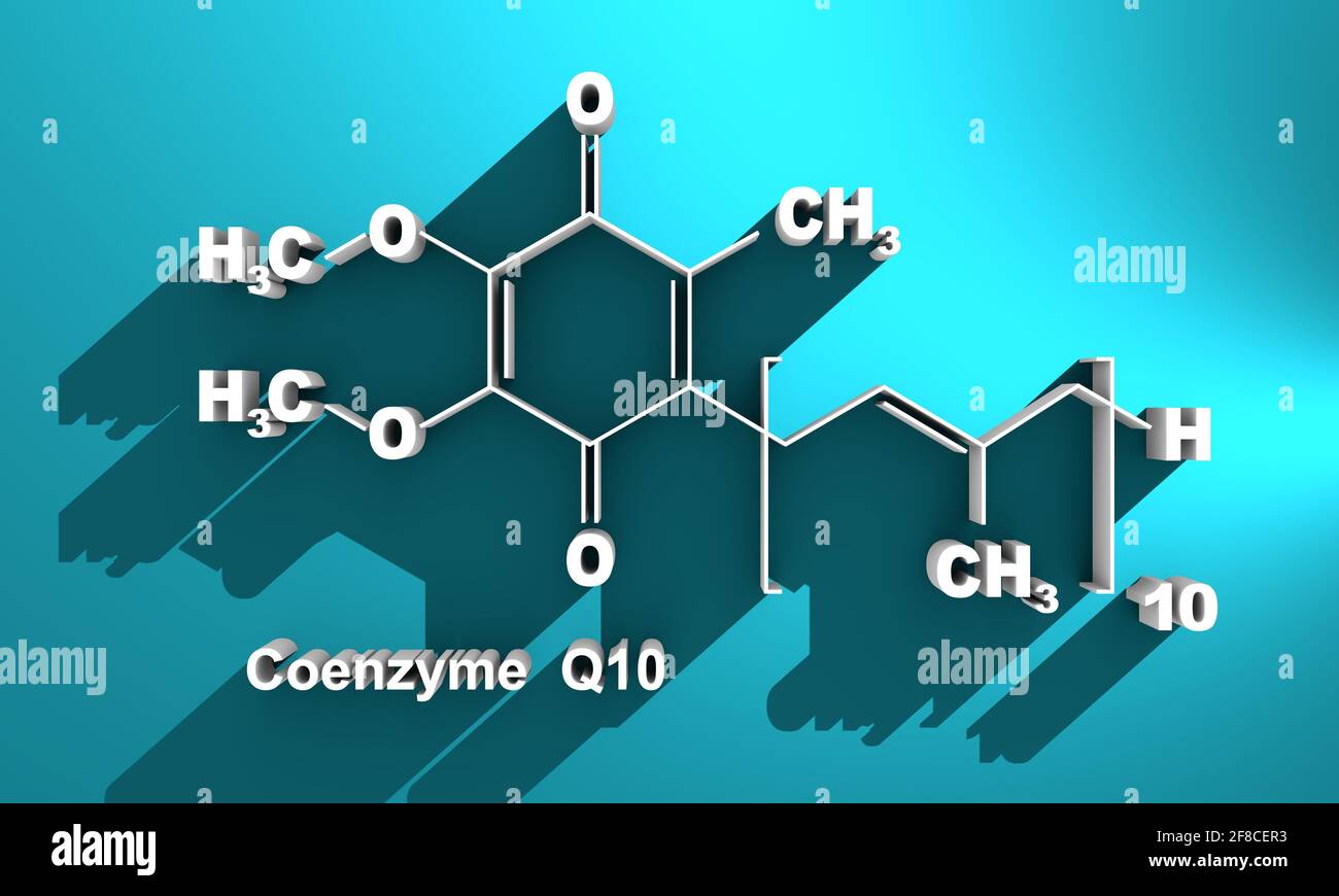 Molecola di coenzima Q10, struttura chimica. Produzione di energia cellulare. Rendering 3D. Foto Stock