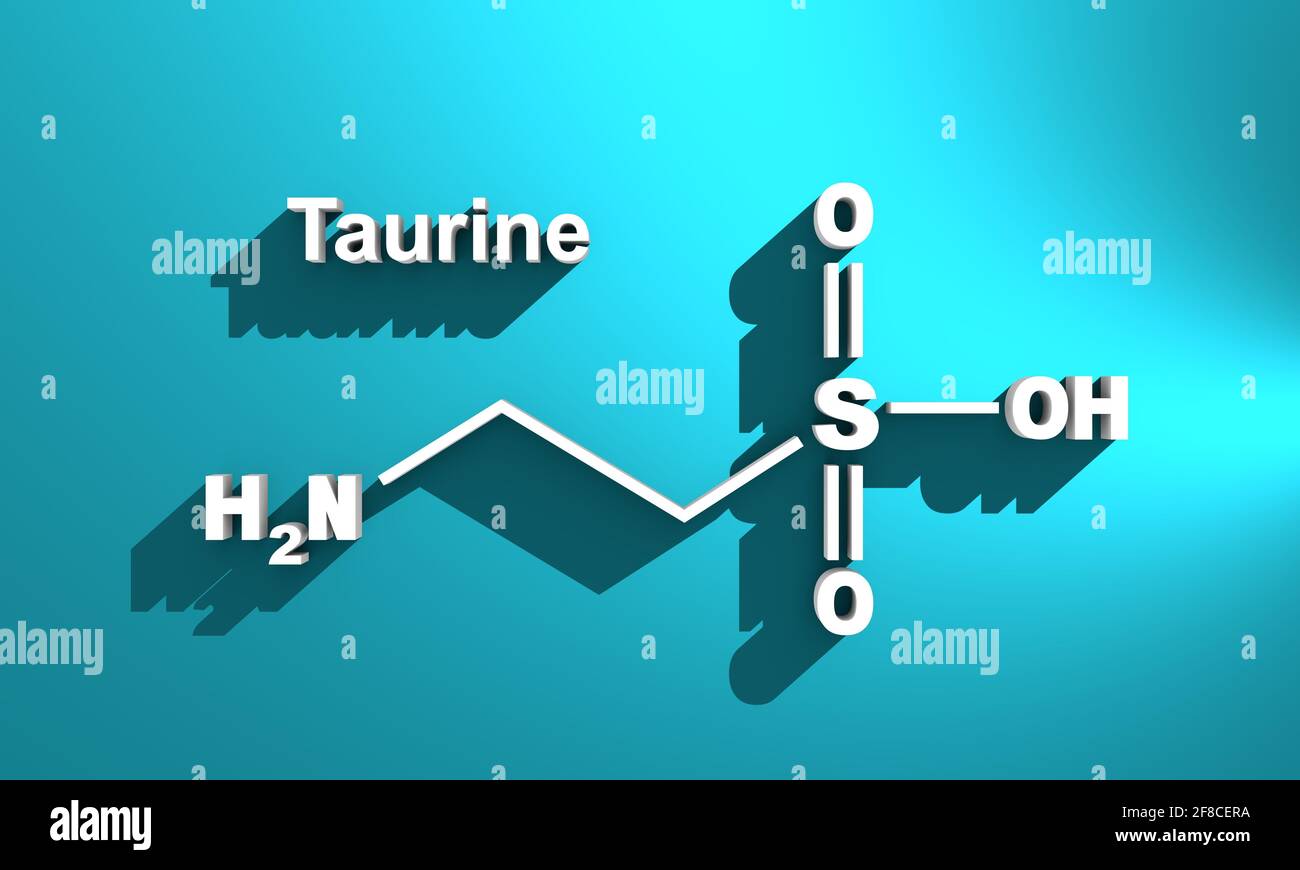 Formula scheletrica della taurina. Molecola aminoacidica 3D rendering. Illustrazione infografica Foto Stock