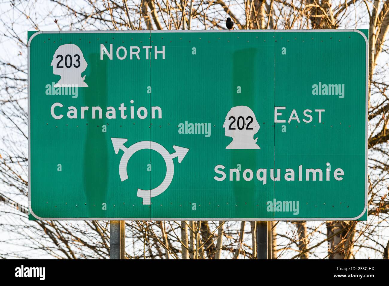Un cartello verde e bianco indica una rotatoria che collega le autostrade 202 e 203. Queste isole sono diventate comuni nella Valle di Snoqualmie Foto Stock