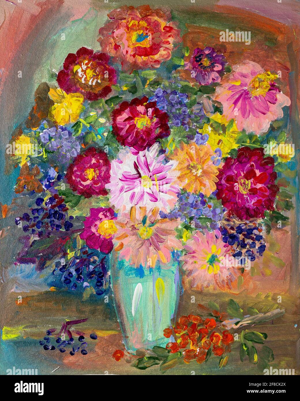 Pittura acrilica o ad olio su tela. Bouquet di fiori in vaso Foto stock -  Alamy