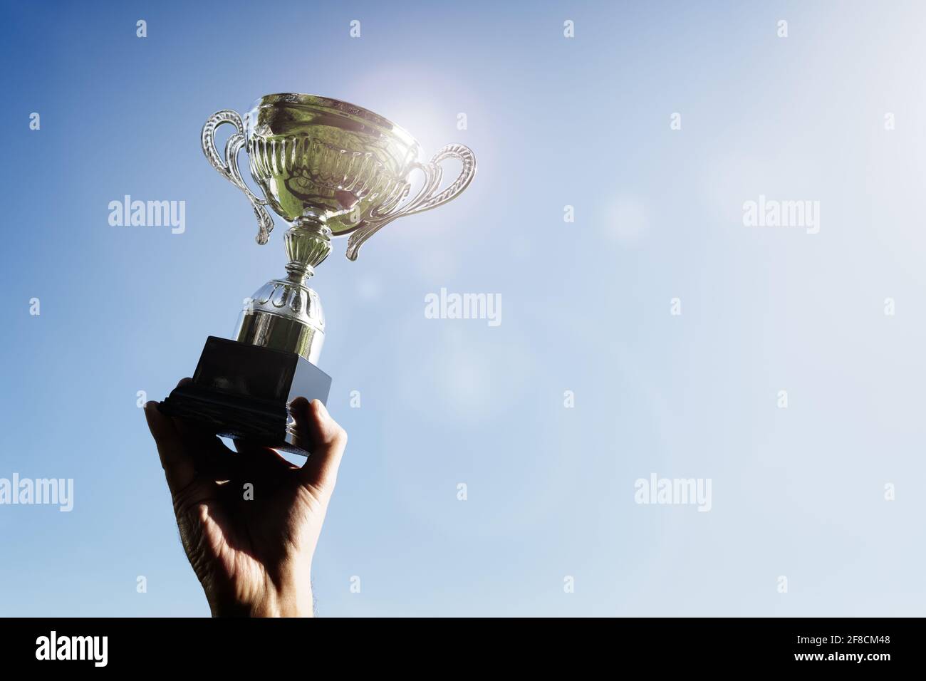 Celebrando con trophy award per il successo o il primo posto del campionato sportivo win Foto Stock