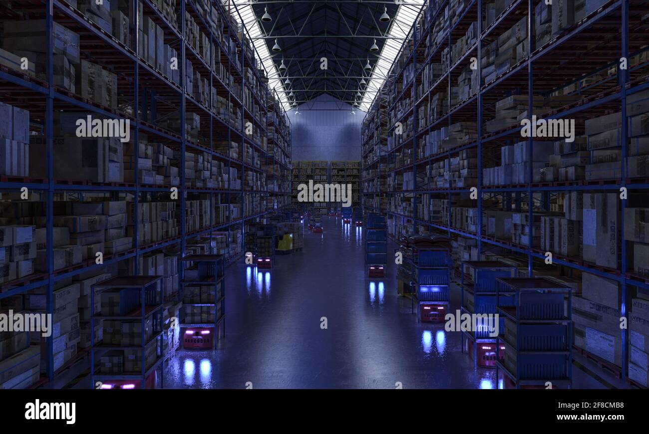 interno di un magazzino automatizzato, droni al lavoro, vista notturna. rendering 3d Foto Stock