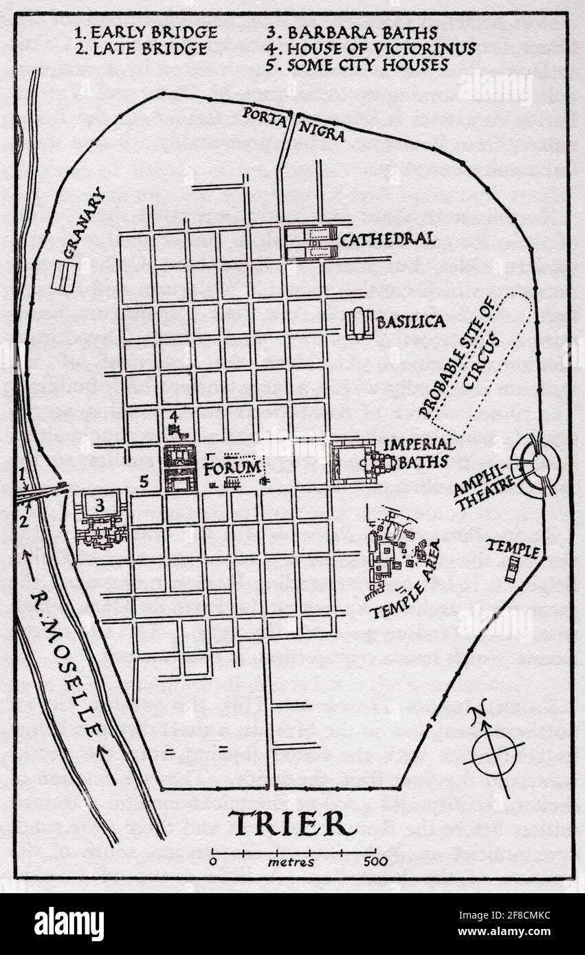 Layout dell'antica città di Treviri, Germania, che mostra il ponte iniziale, il ponte tardo, Barbara bagni, Casa di Victorino e alcune case cittadine. La città si trova all'interno della zona della griglia di strade. Dopo un'illustrazione di Edgar Holloway. Foto Stock