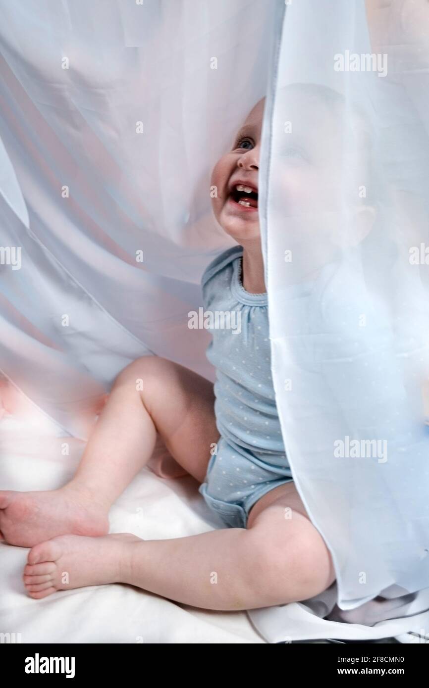 bambina che si nasconde dietro le tende Foto Stock