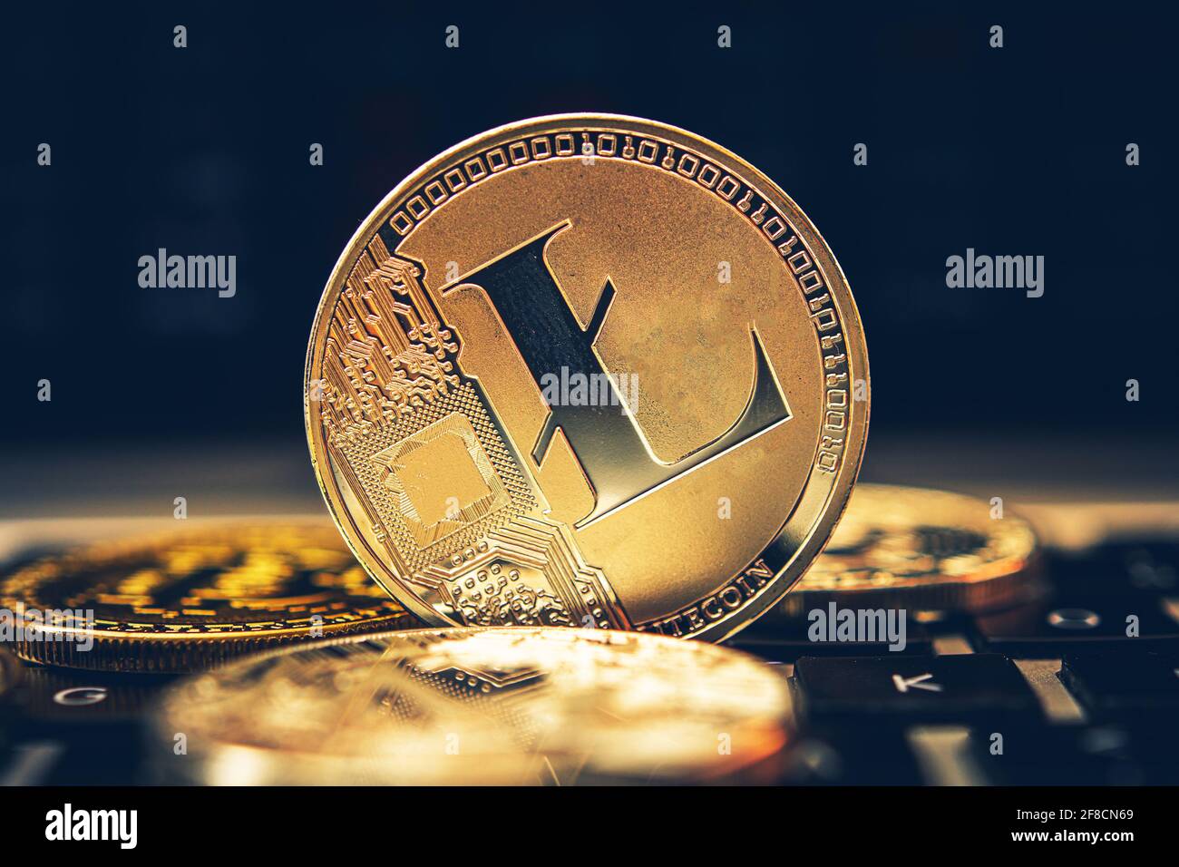Tema criptovaluta. Golden Litecoin Coin primo piano. Moderne tecnologie finanziarie Chainblock. Foto Stock