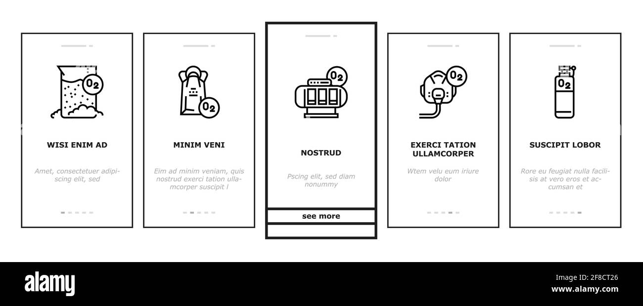 Ossigeno O2 icone di onboarding chimico Imposta vettore Illustrazione Vettoriale