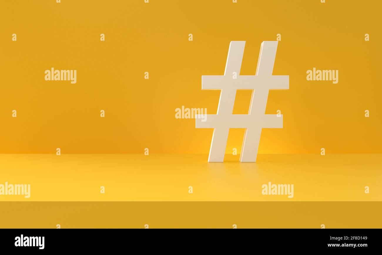 Simbolo hashtag bianco su sfondo giallo dello studio fotografico. Argomenti di tendenza, tendenze, marketing digitale. rendering 3d. Foto Stock